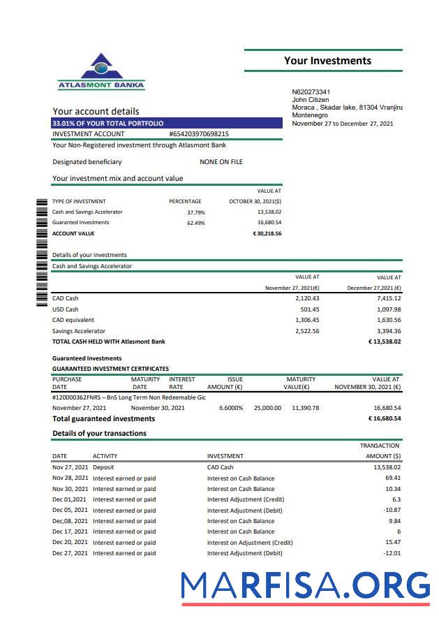 Printable Montenegro Atlasmont bank statement excel real example